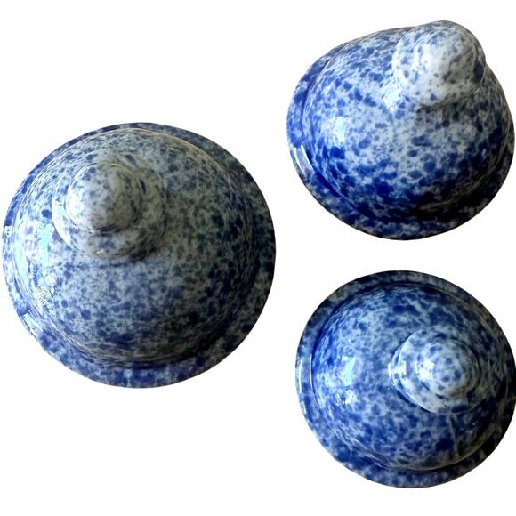 Blue and White Spongeware Loop Handled Canisters-Set of 3-Excellent! - Picture 7 of 9